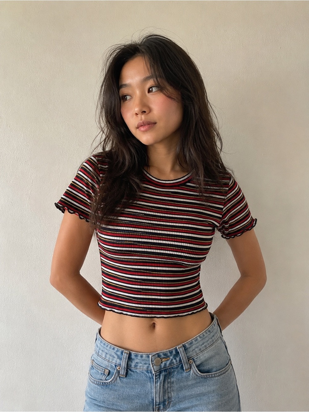 red + black stripped crop top
